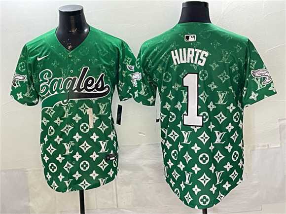 Men%27s Philadelphia Eagles #1 Jalen Hurts Green With Patch Limited Stitched Baseball Jersey