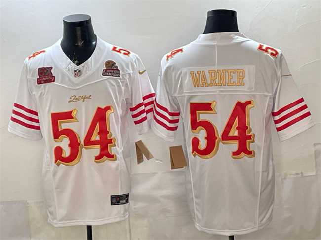 Men%27s San Francisco 49ers #54 Fred Warner White Gold 2025 F.U.S.E. %27Rivalries%27 5x Super Bowl Champions Patch Vapor Limited Stitched Jersey