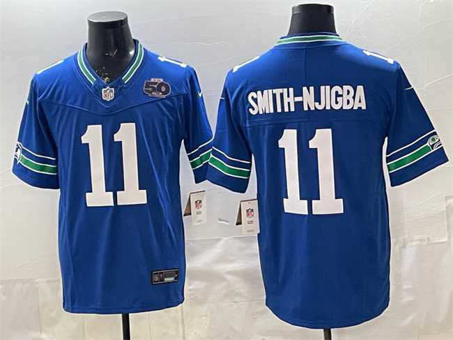 Men%27s Seattle Seahawks #11 Jaxon Smith-Njigba Royal 2025 F.U.S.E. 50th Season Patch Throwback Vapor Limited Stitched Jersey