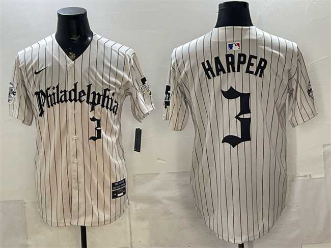 Men%27s Philadelphia Phillies #3 Bryce Harper Cream Pinstripe Gothic Vapor Limited Stitched Jersey