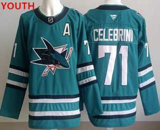 Youth San Jose Sharks #71 macklin celebrini teal Stitched Jersey