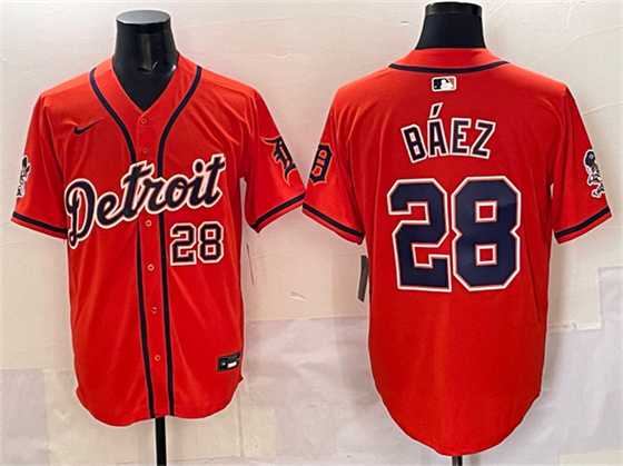 Men%27s Detroit Tigers #28 Javier Baez Orange With Patch Vapor Premier Limited Stitched Jersey