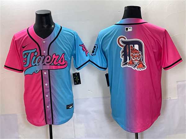 Men%27s Detroit Tigers Team Big Logo Pink Blue Limited Stitched Jersey