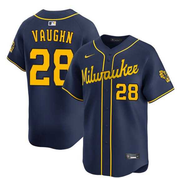 Men%27s Milwaukee Brewers #28 Andrew Vaughn Navy Alternate Limited Stitched Jersey Dzhi