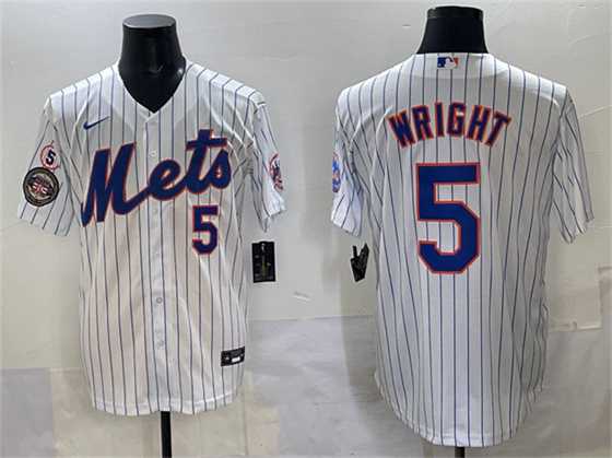Men%27s New York Mets #5 David Wright White With Patch Stitched Jersey