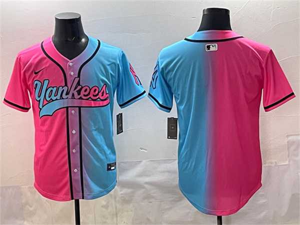 Men%27s New York Yankees Blank Pink Blue Limited Stitched Jersey