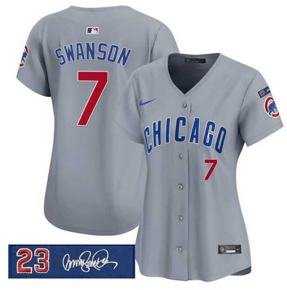 Women%27s Chicago Cubs #7 Dansby Swanson Gray %27Ryne Sandberg Tribute%27 Vapor Limited V3 Stitched Jersey Dzhi