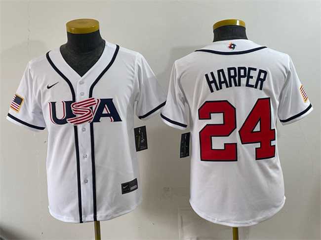 Youth USA Baseball #24 Bryce Harper White 2026 World Baseball Classic Home Stadium Stitched Jersey