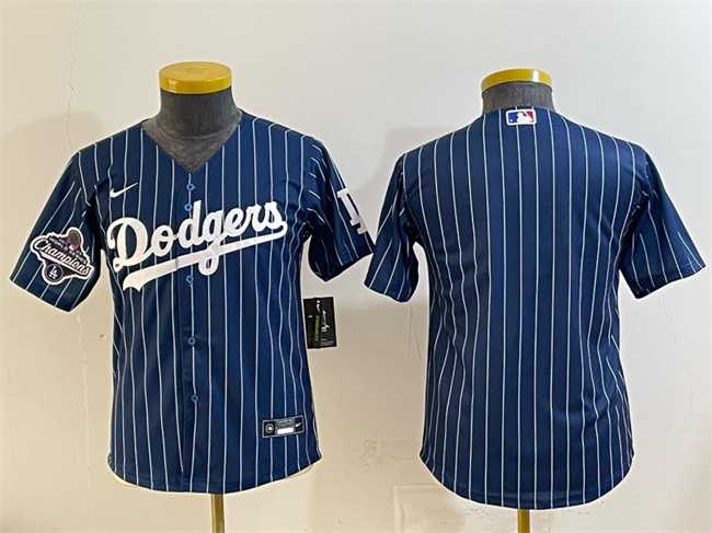 Youth Los Angeles Dodgers Blank Navy Pinstripe 2025 World Series Champions Patch Cool Base Stitched Jersey