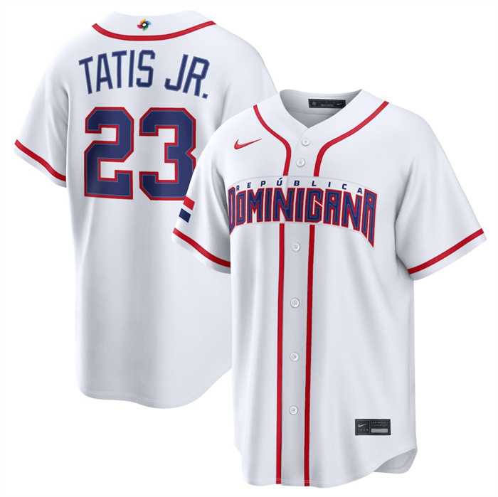 Men%27s Dominican Republic Baseball #23 Fernando Tatis Jr. White 2026 World Baseball Classic Home Stadium Stitched Jersey