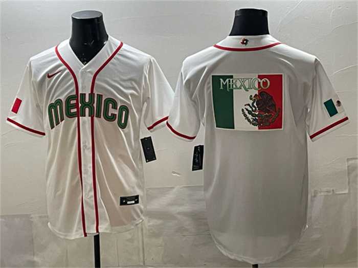 Men%27s Mexico Baseball Team Big Logo White 2026 World Baseball Classic Home Stadium Stitched Jersey