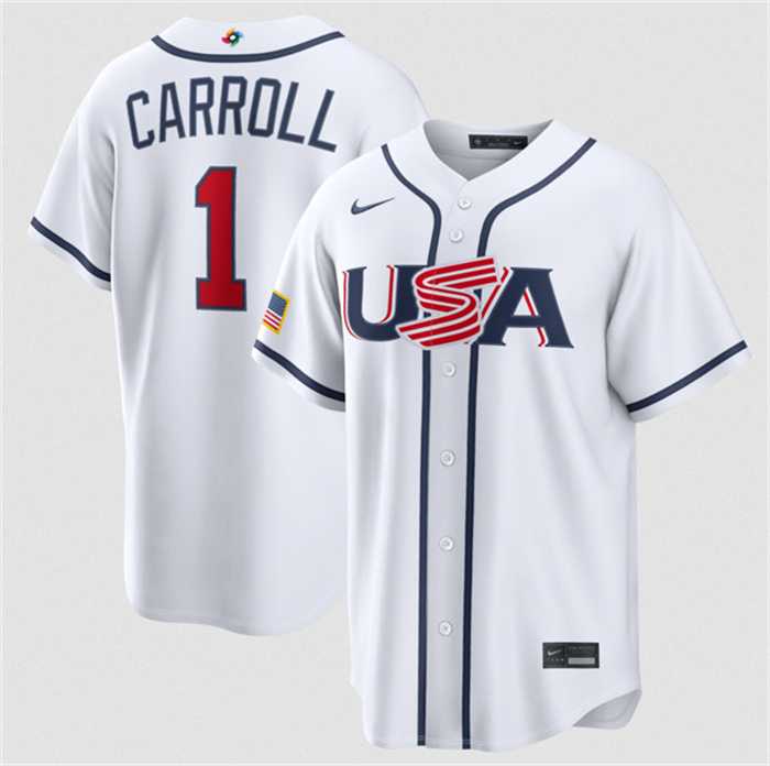 Men%27s USA Baseball #1 Corbin Carroll White 2026 World Baseball Classic Home Stadium Stitched Jersey