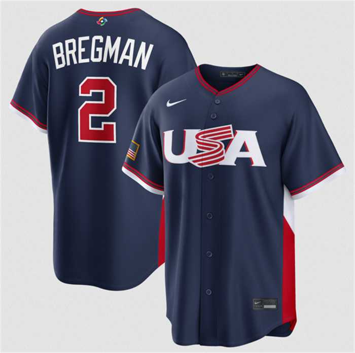 Men%27s USA Baseball #2 Alex Bregman Navy 2026 World Baseball Classic Road Stadium Stitched Jersey
