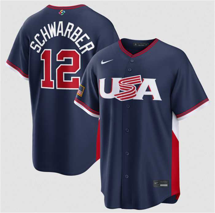 Men%27s USA Baseball #12 Kyle Schwarber Navy 2026 World Baseball Classic Road Stadium Stitched Jersey