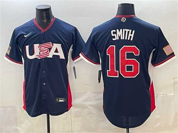 Men%27s USA Baseball #16 Will Smith Navy 2026 World Baseball Classic Road Stadium Stitched Jersey