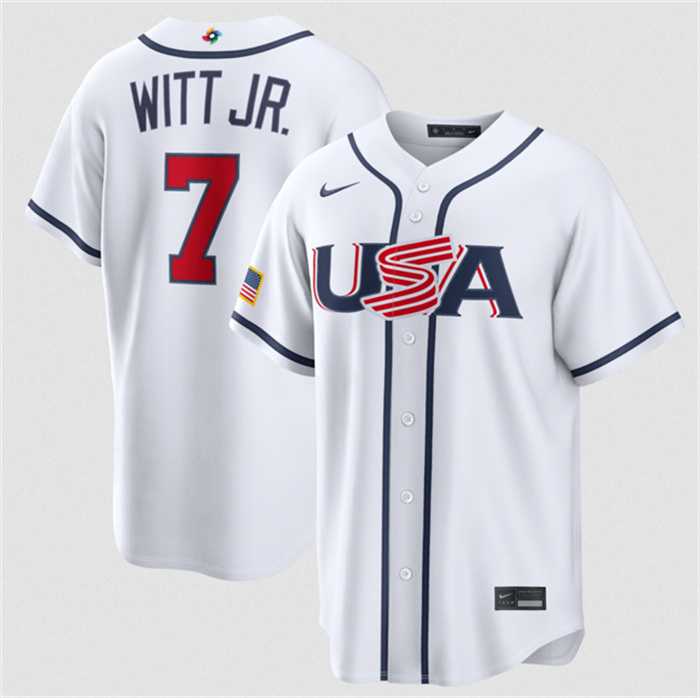 Men%27s USA Baseball #7 Bobby Witt Jr. White 2026 World Baseball Classic Home Stadium Stitched Jersey