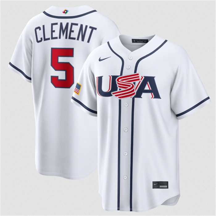Men%27s USA Baseball #5 Ernie Clement White 2026 World Baseball Classic Home Stadium Stitched Jersey