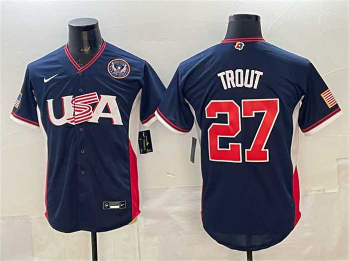 Men%27s USA Baseball #27 Mike Trout Navy 2026 World Baseball Classic United States 250th Anniversary Patch Road Stadium Stitched Jersey