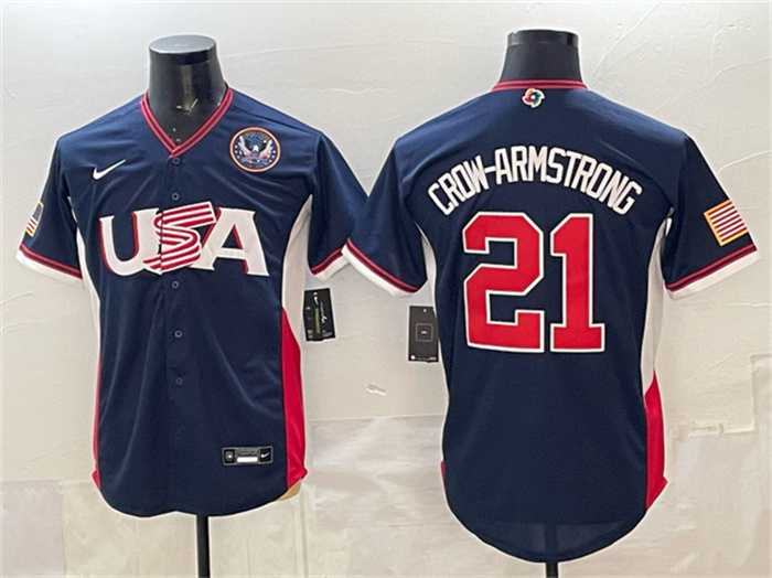 Men%27s USA Baseball #21 Crow-Armstrong Navy 2026 World Baseball Classic United States 250th Anniversary Patch Road Stadium Stitched Jersey