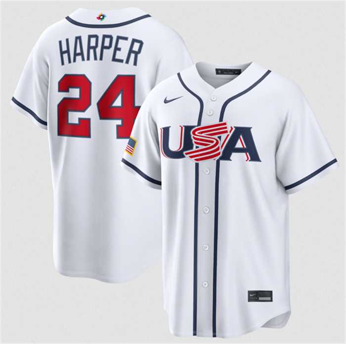 Men%27s USA Baseball #24 Bryce Harper White 2026 World Baseball Classic Home Stadium Stitched Jersey