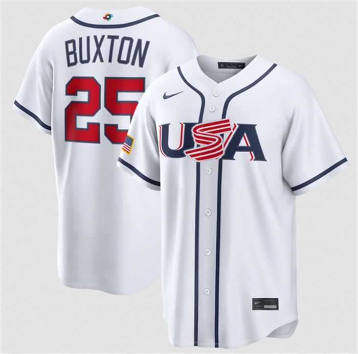 Men%27s USA Baseball #25 Byron Buxton White 2026 World Baseball Classic Home Stadium Stitched Jersey