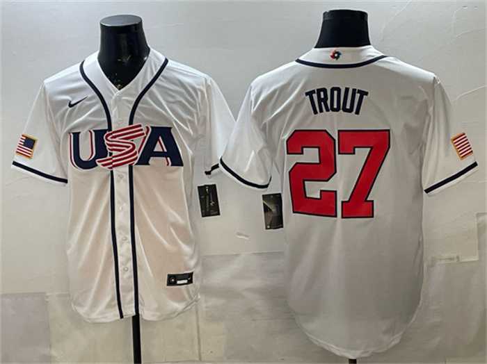 Men%27s USA Baseball #27 Mike Trout White 2026 World Baseball Classic Home Stadium Stitched Jersey
