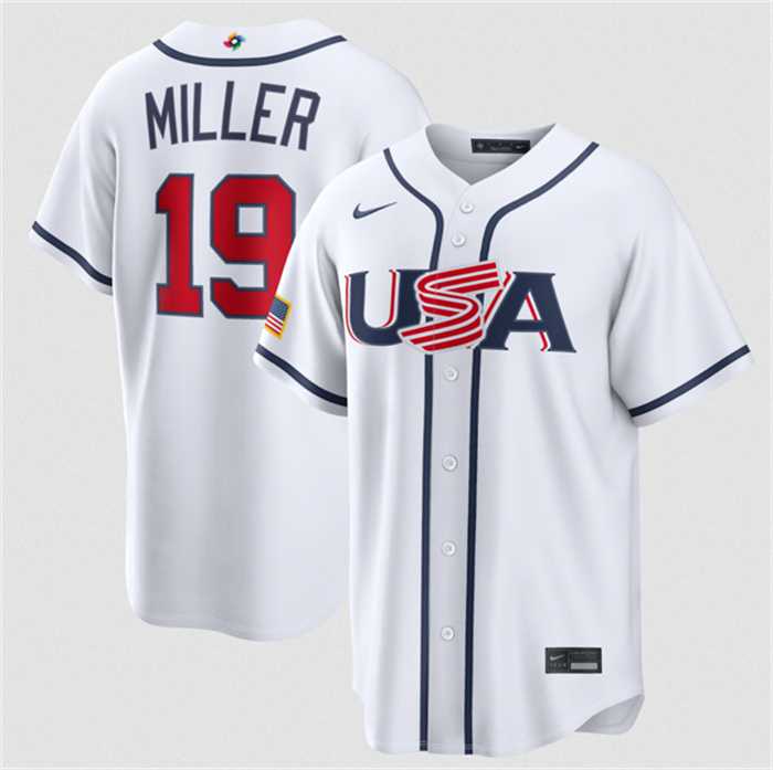 Men%27s USA Baseball #19 Mason Miller White 2026 World Baseball Classic Home Stadium Stitched Jersey
