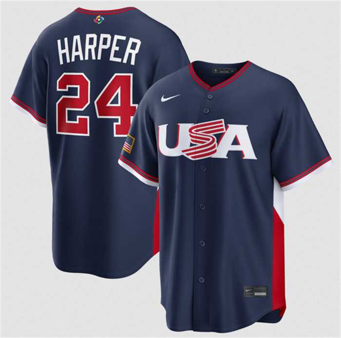 Men%27s USA Baseball #24 Bryce Harper Navy 2026 World Baseball Classic Road Stadium Stitched Jersey