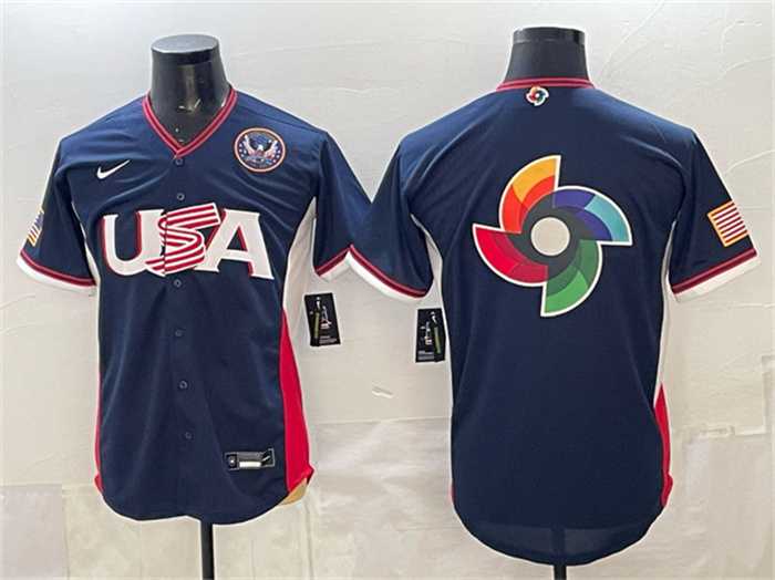 Men%27s USA Baseball Team Big Logo Navy 2026 World Baseball Classic United States 250th Anniversary Patch Road Stadium Stitched Jersey