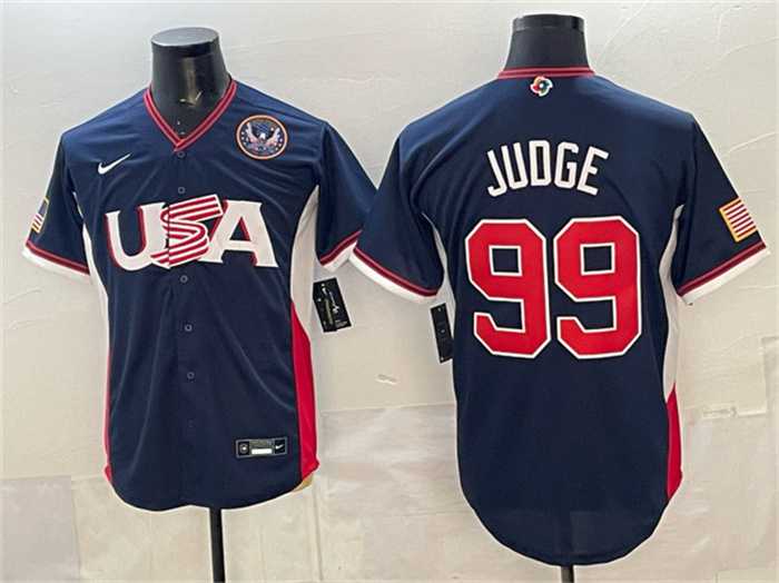 Men%27s USA Baseball #99 Aaron Judge Navy 2026 World Baseball Classic United States 250th Anniversary Patch Road Stadium Stitched Jersey