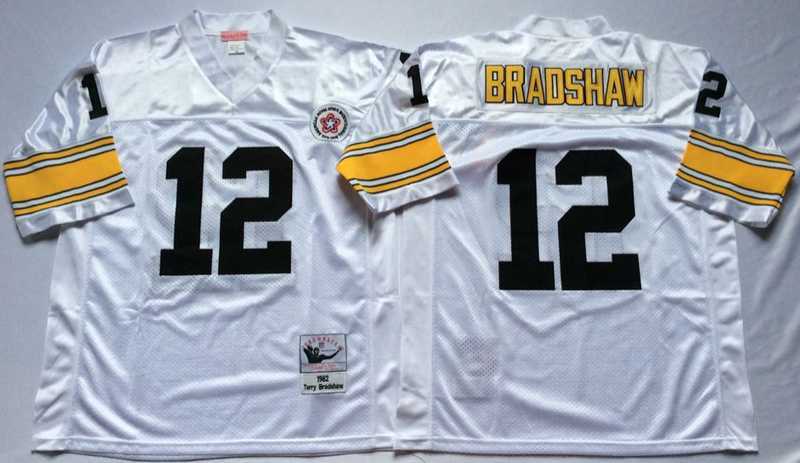 Men%27s Pittsburgh Steelers #12 Terry Bradshaw White Throwback Stitched Football Jersey