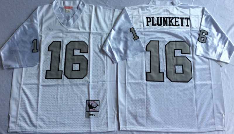 Men%27s Raiders #16 Jim Plunkett White Silver Throwback Stitched Football Jersey