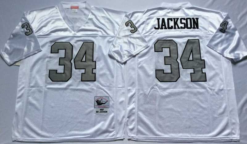 Men%27s Raiders #34 Bo Jackson White Silver Throwback Stitched Football Jersey