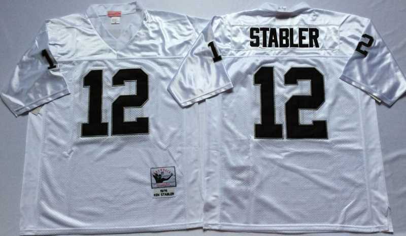 Men%27s Raiders #12 Ken Stabler White Throwback Stitched Football Jersey