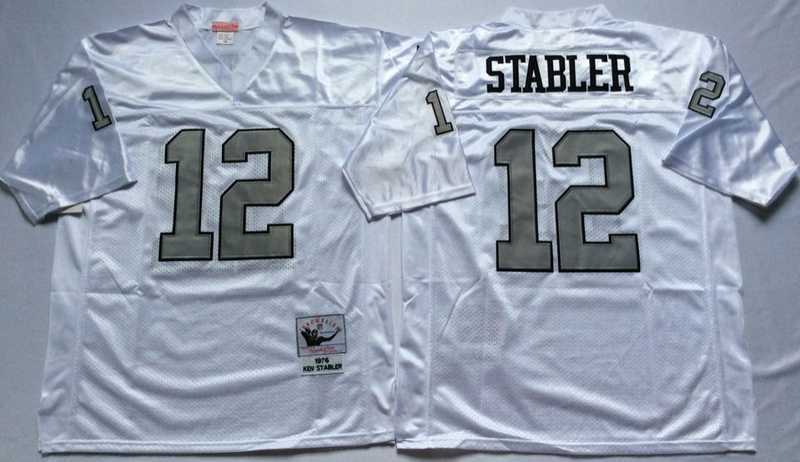 Men%27s Raiders #12 Ken Stabler White Silver Throwback Stitched Football Jersey