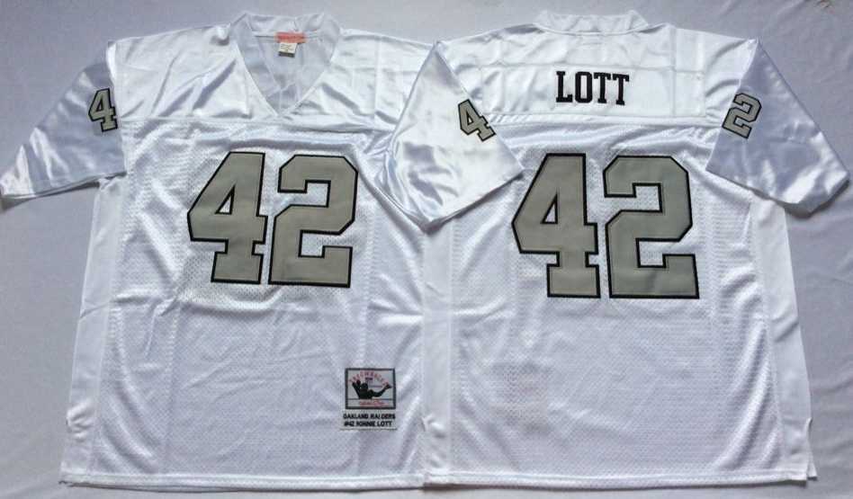 Men%27s Raiders #42 Ronnie Lott White Silver Number Throwback Stitched Football Jersey
