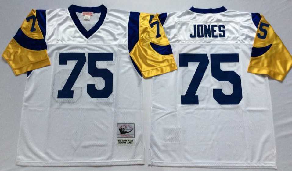 Men%27s Rams #75 Deacon Jones White Throwback Stitched Football Jersey