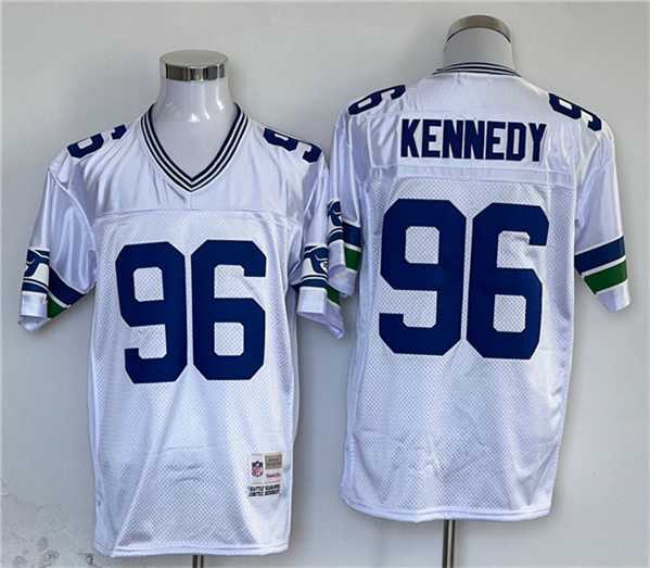 Men%27s Seattle Seahawks #96 Cortez Kennedy White Throwback Stitched Football Jersey