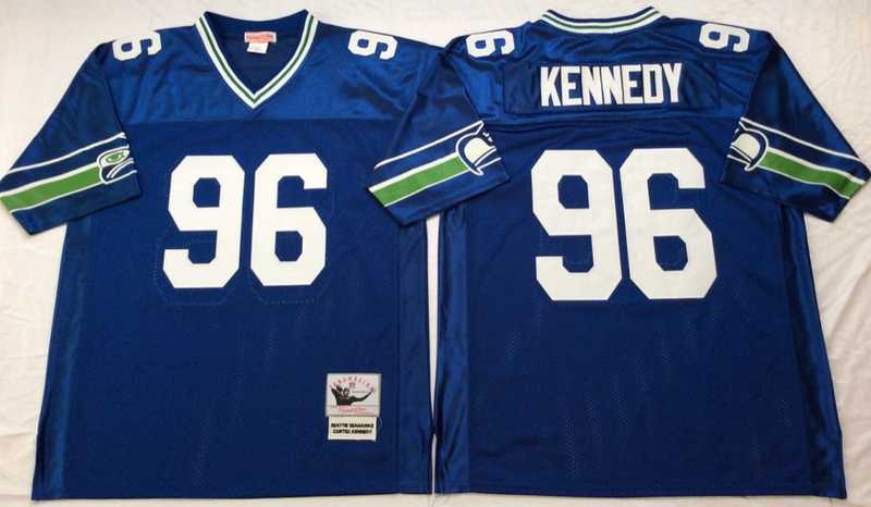 Men%27s Seattle Seahawks #96 Cortez Kennedy Blue Throwback Stitched Football Jersey