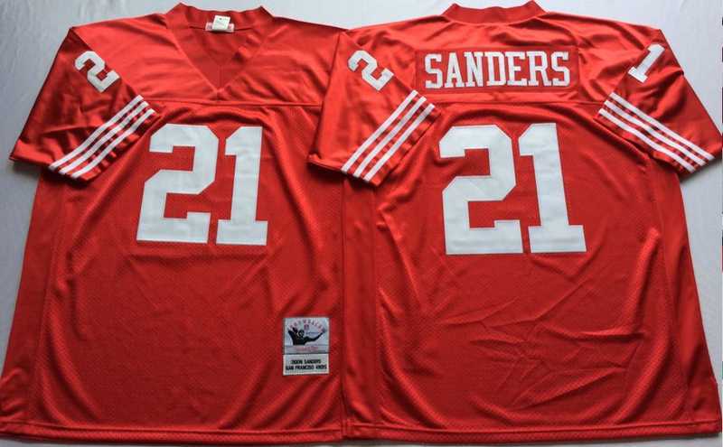 Men%27s San Francisco 49ers #21 Deion Sanders Red Throwback Stitched Football Jersey