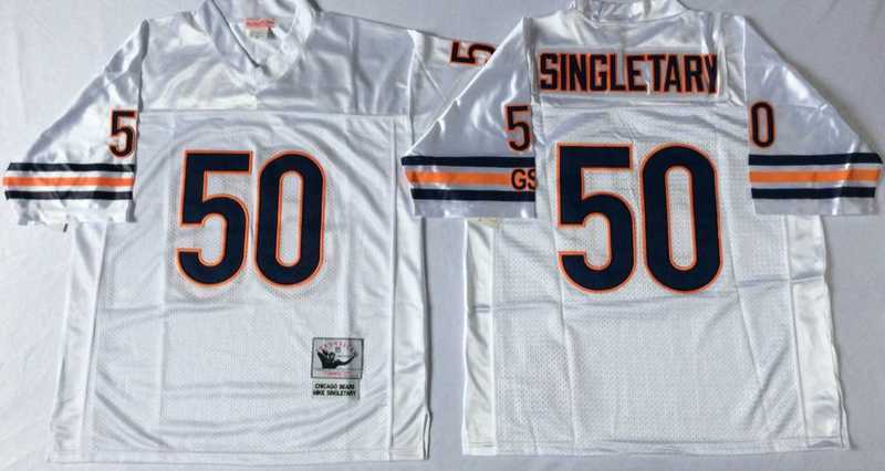 Men%27s Chicago Bears #50 Mike Singletary White Road Throwback Jersey