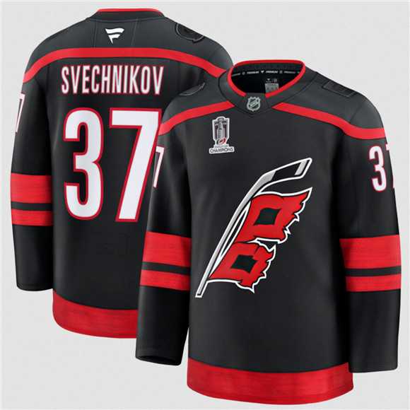 Men%27s Carolina Hurricanes #37 Andrei Svechnikov Black 2026 Stanley Cup Champions Home Stitched Jersey Dzhi