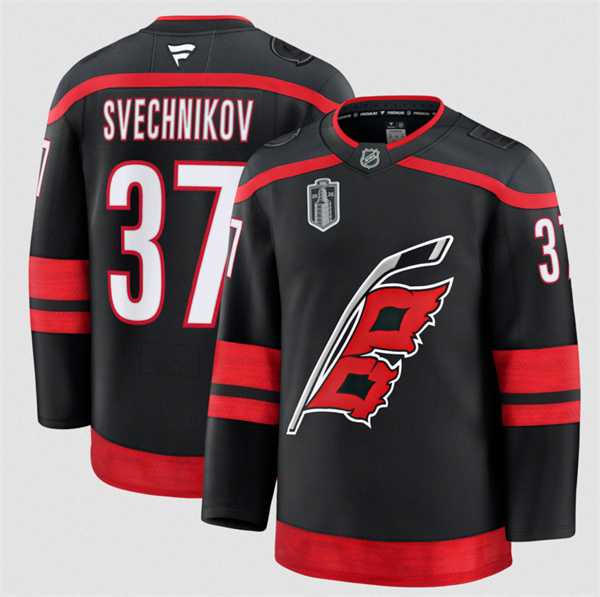 Men%27s Carolina Hurricanes #37 Andrei Svechnikov Black 2026 Stanley Cup Final Home Premium Stitched Jersey Dzhi