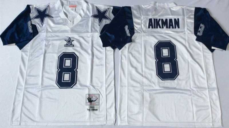 Men%27s Dallas Cowboys #8 Troy Aikman White Throwback Stitched Football Jersey