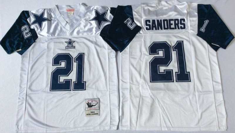 Men%27s Dallas Cowboys #21 Deion Sanders White Throwback Stitched Football Jersey