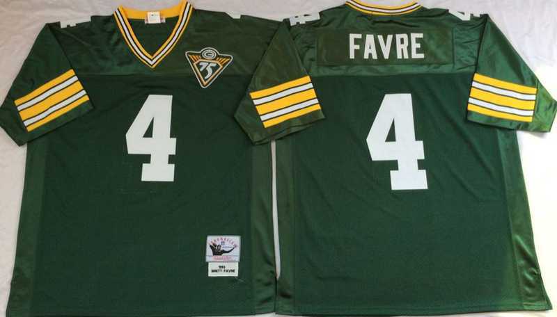 Men%27s Green Bay Packers #4 Brett Favre Green Throwback Stitched Football Jersey