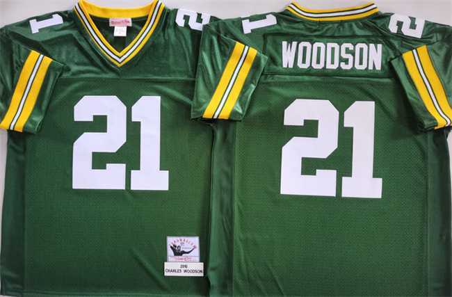 Men%27s Green Bay Packers #21 Charles Woodson Green Throwback Stitched Football Jersey
