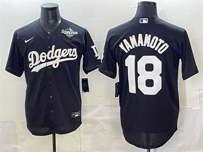 Men%27s Los Angeles Dodgers #18 Yoshinobu Yamamoto Black 2025 World Series Patch Cool Base Stitched Jersey