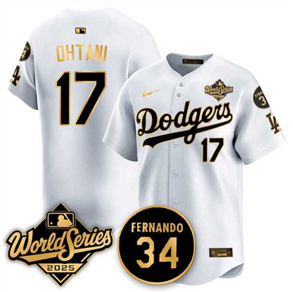 Men%27s Los Angeles Dodgers #17 Shohei Ohtani White Gold 2025 World Series With No.34 Patch Limited Stitched Jersey