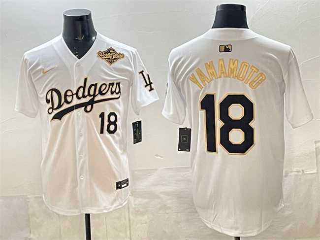 Men%27s Los Angeles Dodgers #18 Yoshinobu Yamamoto White Gold 2025 World Series Patch Limited Stitched Jersey